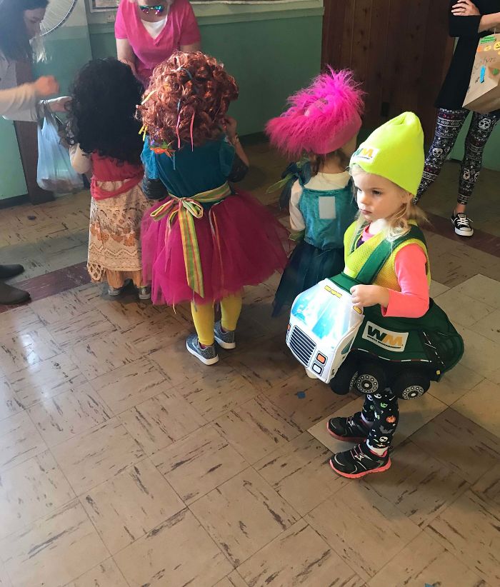 My Daughter’s Preschool Had A Costume Party Last Halloween. There Were 9 Princesses, 2 Super Heroes, And 1 Garbage Truck. She Was The Garbage Truck