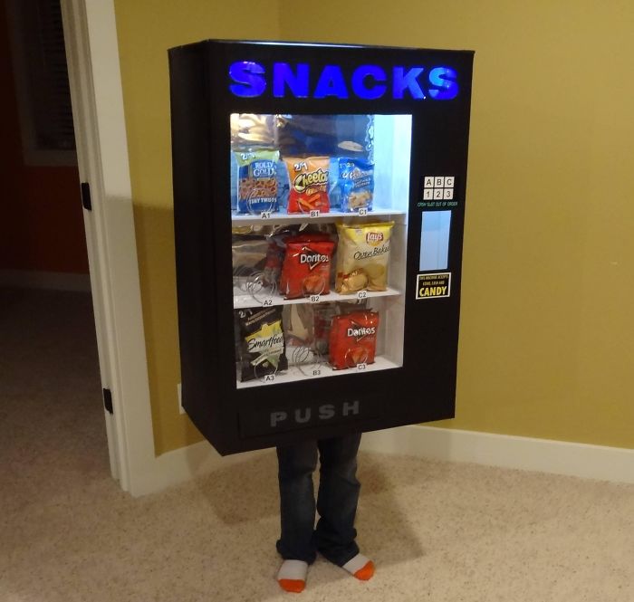 So Last Year My Kid Wanted To Be A Mailbox For Halloween. This Year, He Wanted To Be A Vending Machine. Here Are The Results