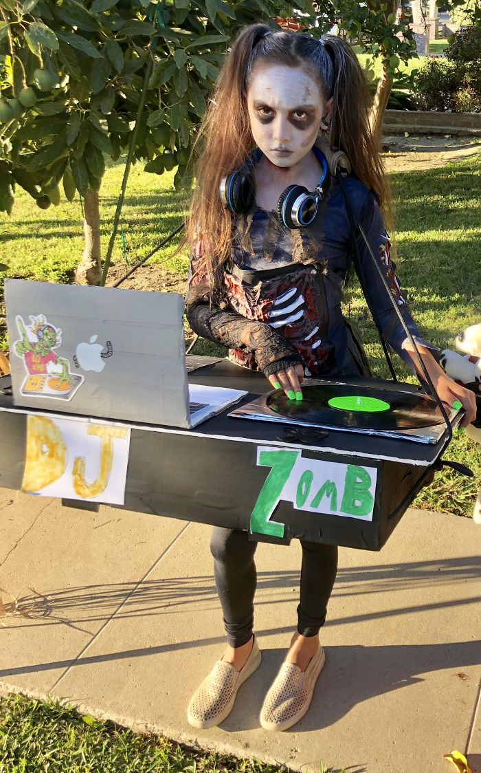 My 10 Year Old Made Her Own Costume Out Of Cardboard & Tape This Year: Dj Zom B (Featuring Hidden Candy Collection Compartment)