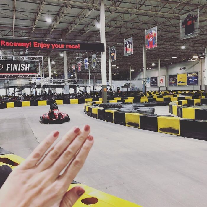 When Ur #notengaged And U Go A Lil Race Car Driving Which Is Like So Cute Cute Cute In Ur Lil Helmet And Ur Racin Around On Ur Own And There R No Couples Cuz All The Cars R One Seat So Nobody Can Be Like “Bebe I’ll Drive” Like No U Won’t Rodney Imma Speed Demon. #blessed Lol Where Am I But Also This Was Super Fun And Should We All Be Empowering Lady Go Kart Drivers!? Chickpeas Racing Army Omg Let’s Make Jackets 😭