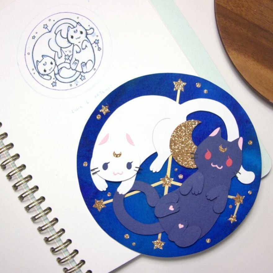 Two Of My Favourite Cats (=^･ω･^=) Starting To Slowly Churn Things Out For Smashcon! (Emphasis On Slowly Aaaaaa ;__;) #papercutting #papercut #cutoodle #paperart #kirie #sailormoon #artemis #luna #constellation #moon