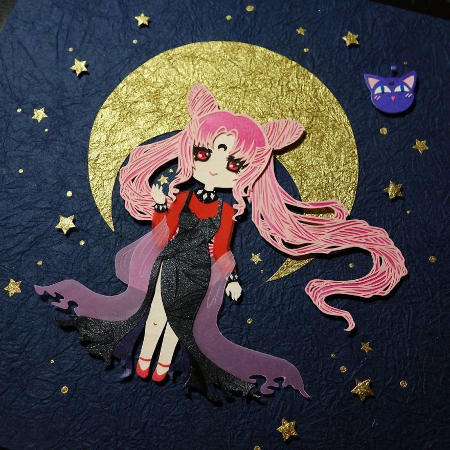 Aaaaand We're Done!! ٩(๑•̀ω•́๑)و Black Lady Is Definitely One Of My Favourite Pieces So Far, I Love How Elegant And Gorgeous Her Design Is And Was Absolutely Delighted When She Was Requested! (ฅ•ω•ฅ)♡ #papercutting #papercut #cutpaper #cutoodle #paperart #sailormoon #chibiusa #blacklady #lunap #dianemcamis #artrade