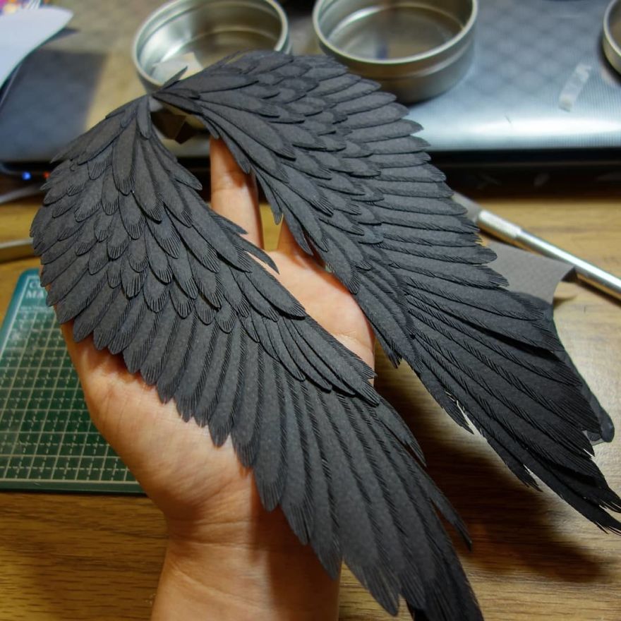 More Wing Pics Yay!! ‹‹\(*´ω`* )/›› Sorry For The Spam, I'm Kind Of Really Proud Of How They Turned Out Even Though They're Not Quite Anatomically Correct Aaaaaaa - I Tried To Make Paper Wings Years Ago But Gave Up After Half A Wing So This Time It Was A Huge Test Of Patience (And Sheer Willpower) For Me Haha (٥≧∇≦) #papercutting #papercut #cutpaper #cutoodle #paperart #persona5 #persona5anniversary #atlusgames #kitandkatdesigns #honeyandbutter #atlus #arsene