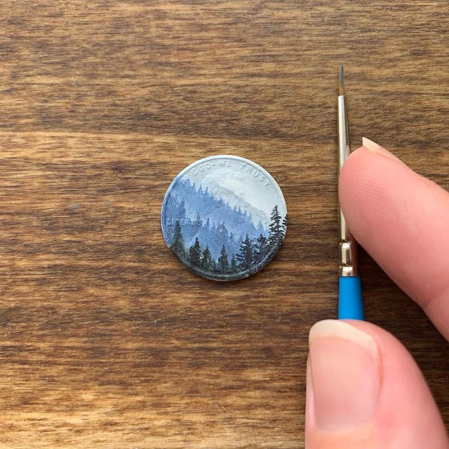 Hiking, Anyone? ‘In The Distance’ 2019 . . . . . . . . . #brymarie #brymariearts #forest #landscape #oilpainting #coin #coinart #miniature #galleries #contemporaryart #gallery #contemporarypainting #losangeles #chicago #newyork #london