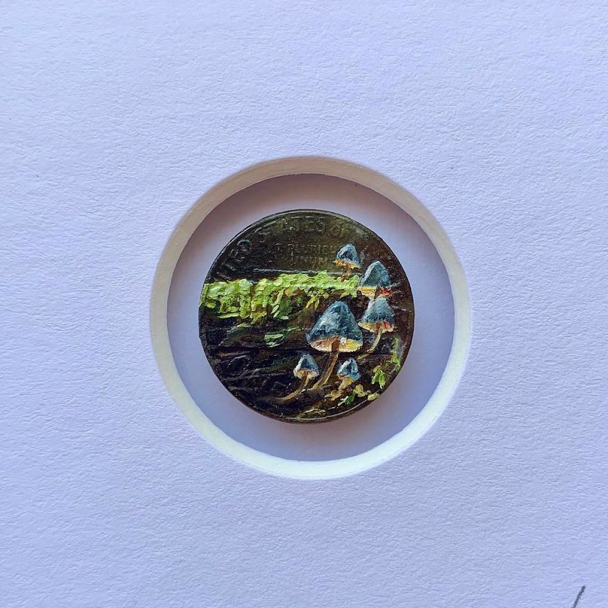 I Always Get Asked What Inspires Me To Keep Painting Everyday And I Always Have The Same Answer. Go Outside! You’d Be Surprised What Gorgeous Things You’ll Find If You Only Take The Time To Look. ‘Hidden Gems’ Oil On Penny 2019 🍄available🍄 . . . . . . . . . #miniature #mini #oilpainting #art #tinypainting #coinart #coins #gamblin #hiking #nature #gooutside #statepark #mushrooms #mushroompainting #brymarie #brymariearts