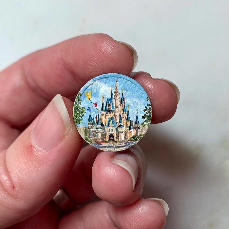 “They Say If You Dream A Thing More Than Once, It’s Sure To Come True.” -Aurora Sleeping Beauty’s Castle- Oil On Penny 2018 . . . . . . . . . #disneyland #disneylandcalifornia #sleepingbeauty @disney @disneyland #sleepingbeautycastle #castle #painting #oilpainting #miniaturepainting #miniart #miniatureart #tinyart