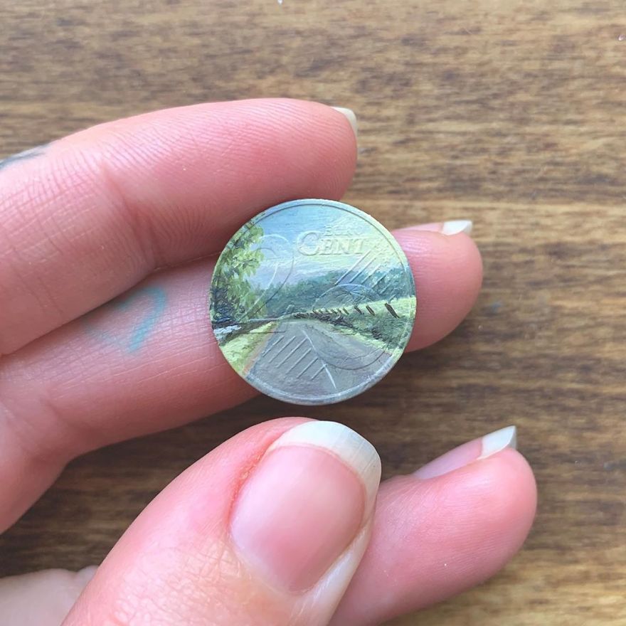 One Of The Most Peaceful Walks I’ve Ever Had The Pleasure Of Taking. The French Countryside Is Exactly What You Would Hope For On Your Morning Strolls. Painted On A 2 Cent Euro In Oils. . . . . . . . . #brymariearts #coinart #coinartwork #coinartist #tinyart #miniatureart #miniatureartist #oilpainter #oilpainting #landscape #france #frenchcountryside #tonalism