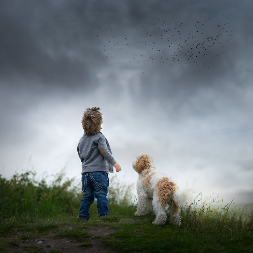 Portlaoise, Ireland- A Boy With His Dog At The Top Of The Hill Looking Into The Sky