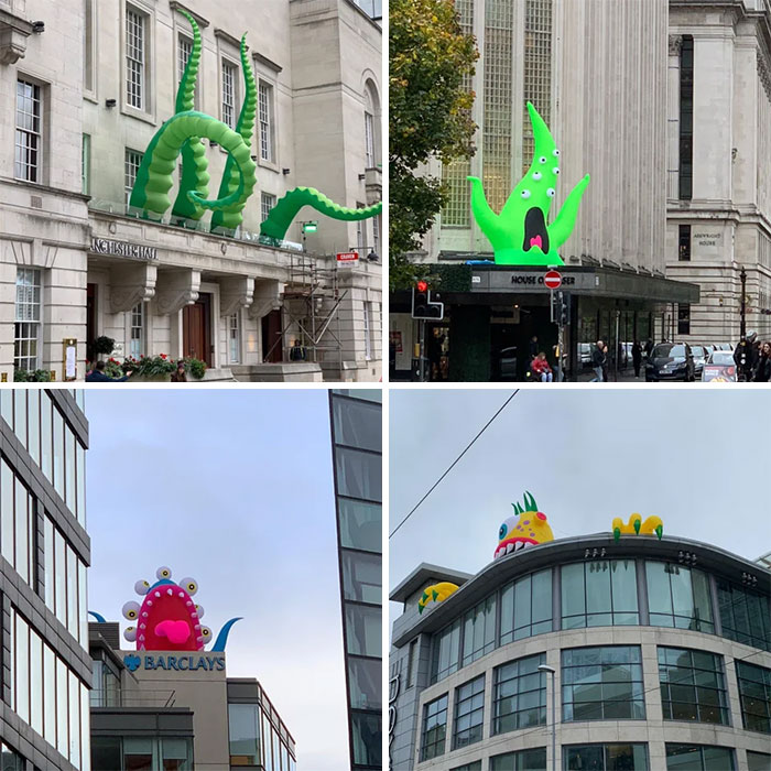 City Of Manchester Celebrating Halloween With Large Inflatable Monsters On Buildings