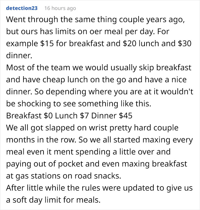Company Ends Up Spending $65/Week More After Not Listening To Employee's Reasoning On Meal Limits