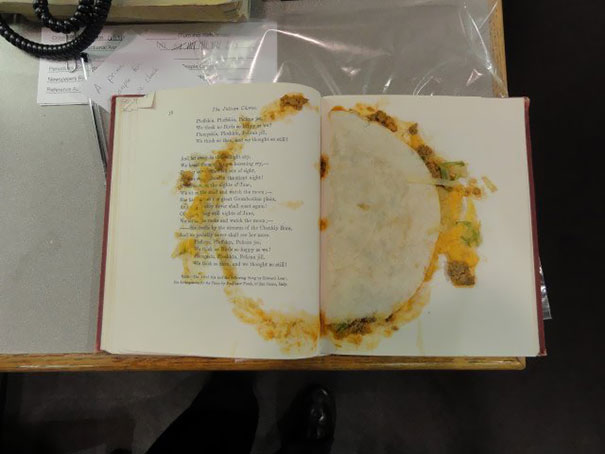Don’t Have A Bookmark? Try Using A Taco (Actual Photo Of An Actual Book Found In The Book Drop At My Library In Indiana A Few Years Back)