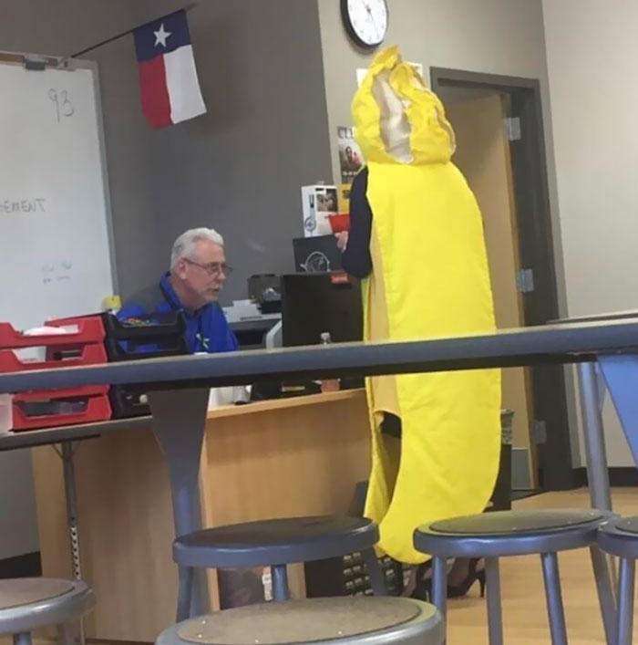 Every Friday During School, One Of My Substitute Teachers Dresses Up In A Banana Costume And Sings A Song About "Going Bananas Because It's Friday"