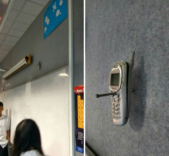 My Teacher Nailed His Student's Phone To The Wall For Using It In Class 20 Years Ago. It's Still There Til This Day
