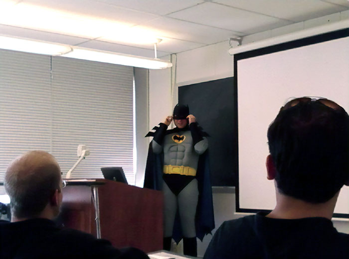 My Teacher Said If The Class Could Get An 80% Test Average On Our First Exam He Would Dress Up As Batman For A Day. A Pic From The Day We Got Our Test Results Back