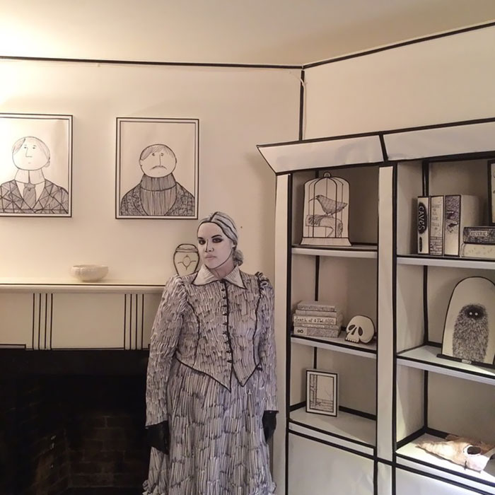 For Halloween, One Of Our Beloved Staff Transformed Her Entire Living Room And Her Undivided Person Into One Complete B&W Edward Gorey Set-Piece
