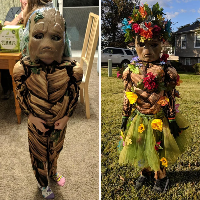 My Daughter Wanted To Be Groot For Halloween. But The Costume Was Just Too Boring. So I Jazzed It Up, And She Gets To Be Girl Groot For Halloween