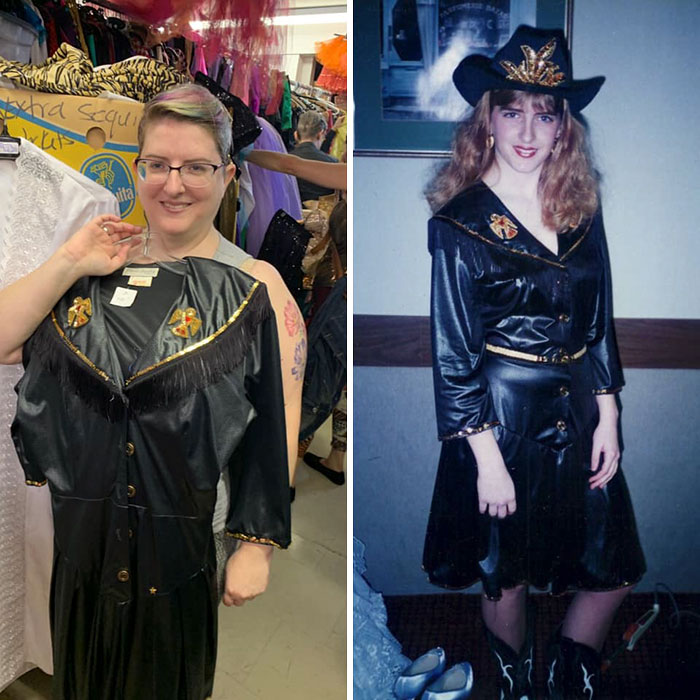 I See The Occasional Post Where Someone Finds Their Own Art Etc, So I Guess This Is Mine. The First Photo Is Me At A Vintage/Thrift Sale On Sat, Holding A Dress. The Second Is Me, Age 16, Wearing The Exact Same Dress!