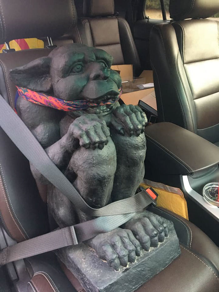 My Mom Found Three Porch Gargoyles At A Barn Sale. One Of Them Rode Shotgun With Me Back To North Dakota From Idaho... A Little Too Chatty, But Great Company