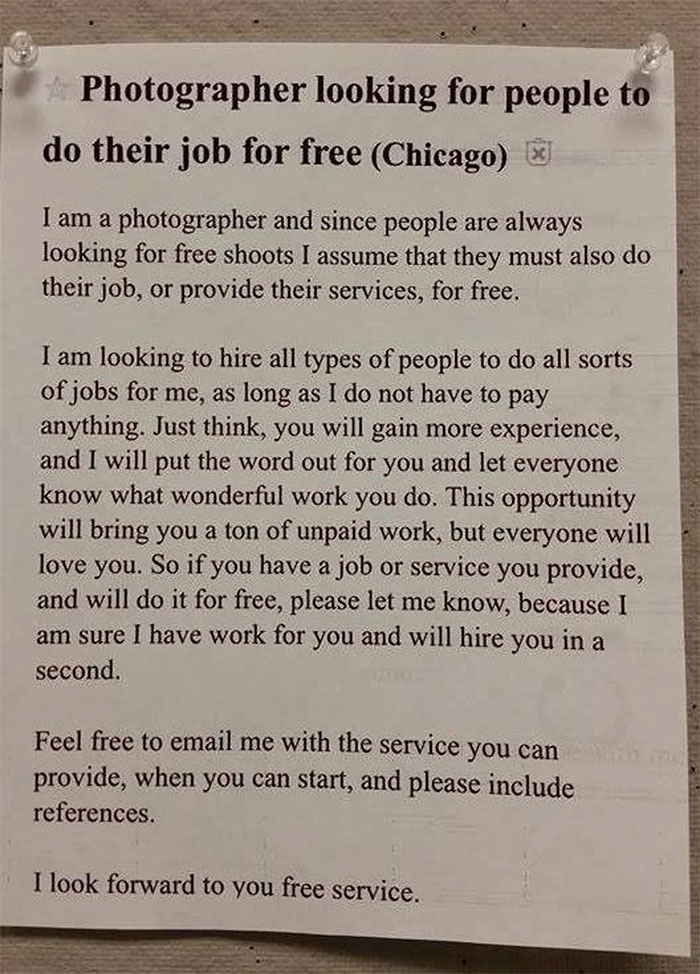 Photographer Shows How Absurd People Asking For Free Pics Are With An Ad Asking For Other Services For Free