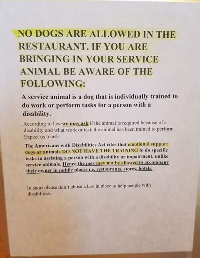 People Are Abusing Emotional Support Animal Laws, And This Restaurant Sign  Explains Why It's Wrong - Success Life Lounge