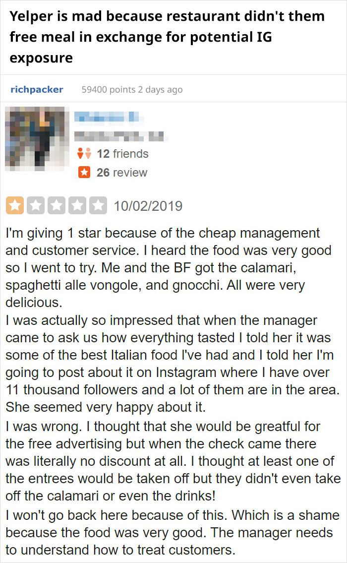 Yelper Is Mad Because Restaurant Didn't Them Free Meal In Exchange For Potential Ig Exposure