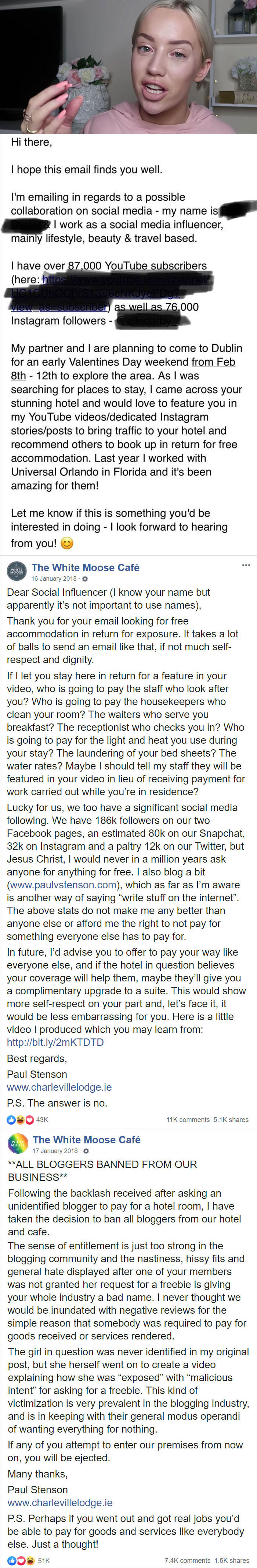 Influencer Tries To Get Accommodation For Free, They End Up Banning All Bloggers From Their Business