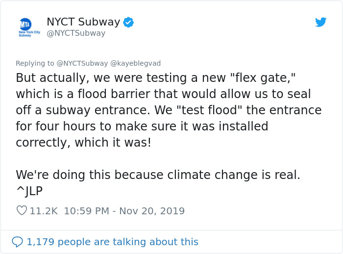  A Concerned Twitter User Asked Why The Subway Entrance Is Flooded, The MTA Responded With A Joke 