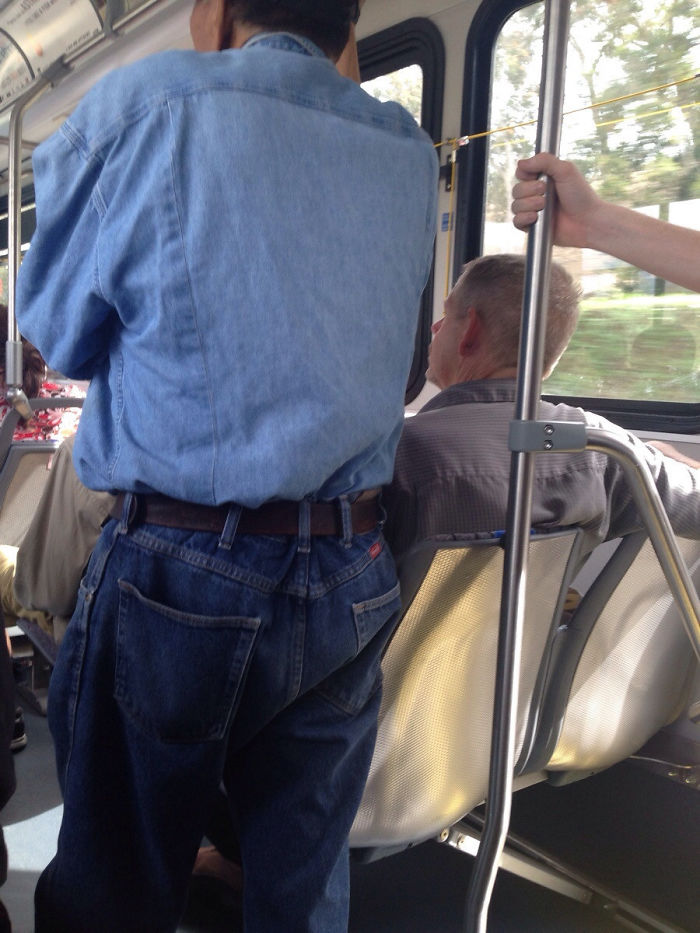 This Jerk Wouldn't Slide Over So The Jeans Guy Could Sit. So He Stood Super Close To Him
