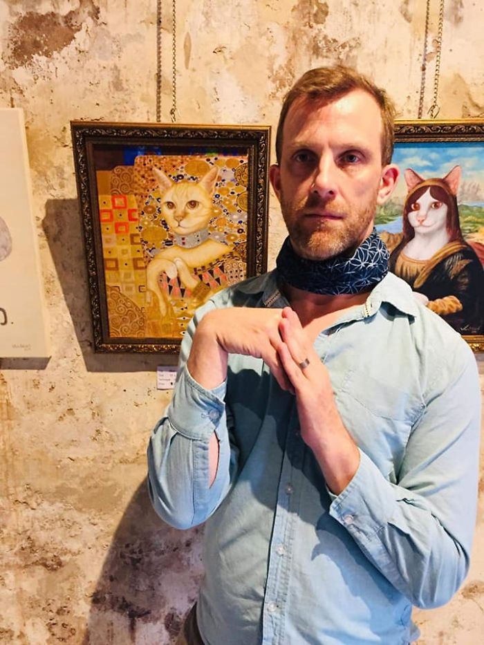 My Friend Visited Our Exhibition And Channeled Our Cat Paintings Perfectly