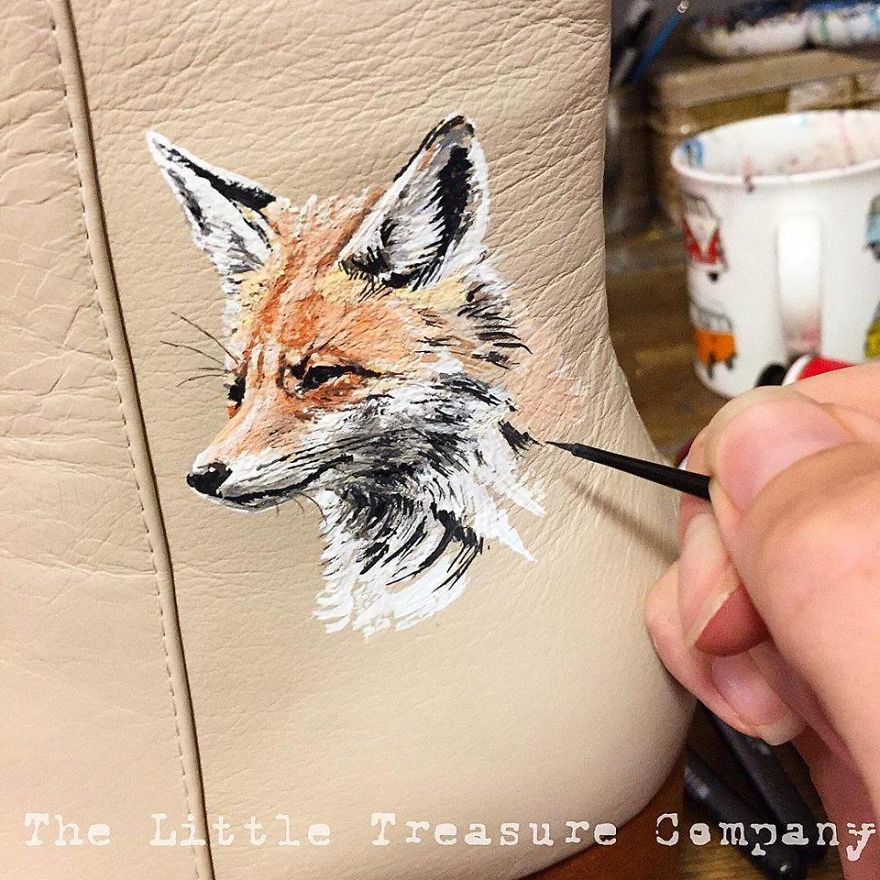 A Fox Portrait Being Painted On The Side Of Wedding Boots