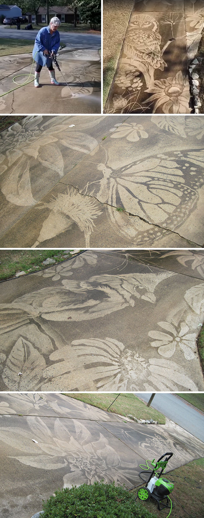This Woman Uses The Power Washer She Got As A Birthday Gift To Unleash Her Creative Potential