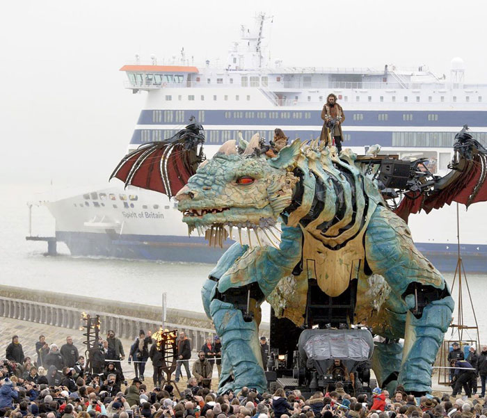 The Citizens Of Calais Witnessed A 25-Meter-Long Fire-Breathing Mechanical Dragon Manned By 17 People