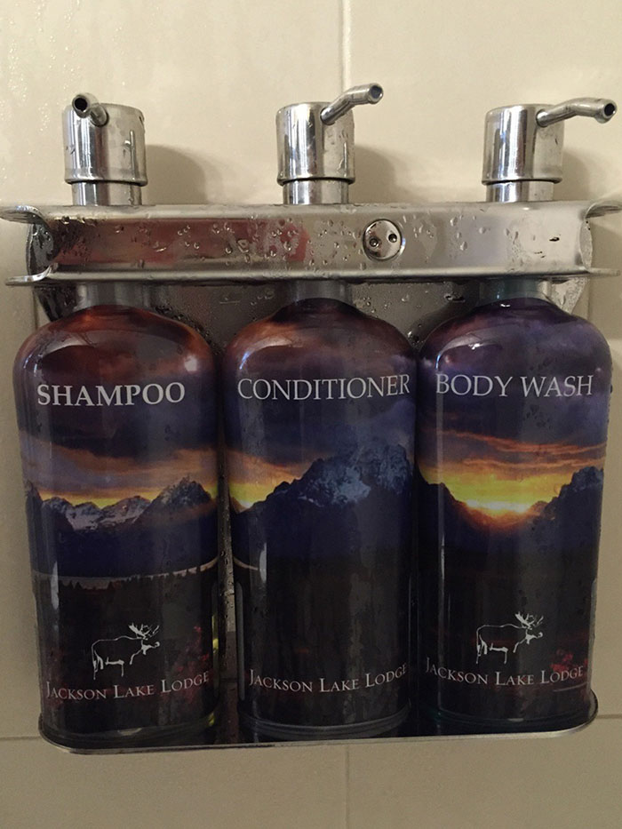 The Shampoo, Conditioner And Body Wash Bottles In My Hotel Shower Create A Panoramic View Of The Mountain Range Outside