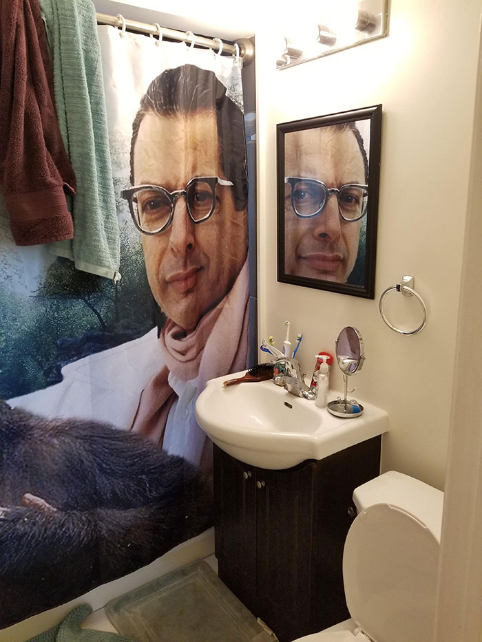 My Jeff Goldblum Shower Curtain Looks Like He's Staring At Me In My Mirror
