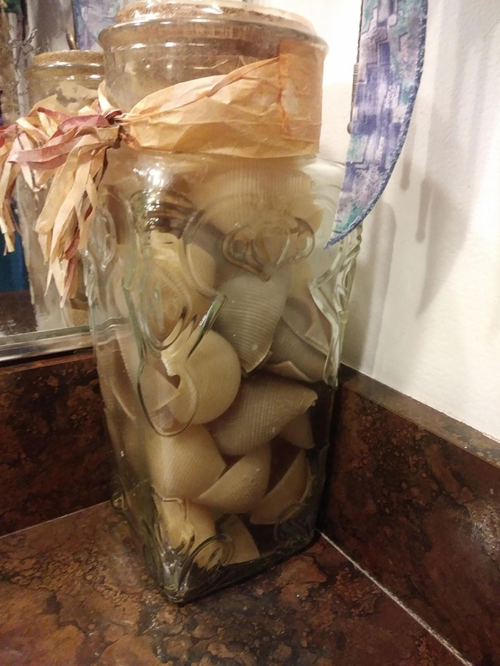 Was Cleaning My Mom's Bathroom And Realized That This Jar That's Been Sitting There For 15 Years Is Not Filled With Sea Shells. It's Filled With Pasta Shells