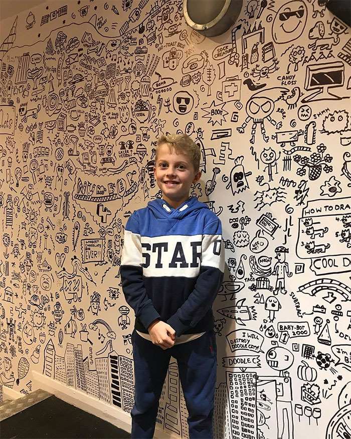 9-Year-Old Kid Who Kept Getting In Trouble For Doodling In Class Gets A Job Decorating A Restaurant With His Drawings