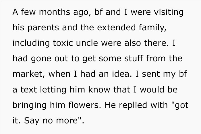 Woman Enrages Boyfriend's Sexist Uncle By Bringing Flowers To A Family Get-Together