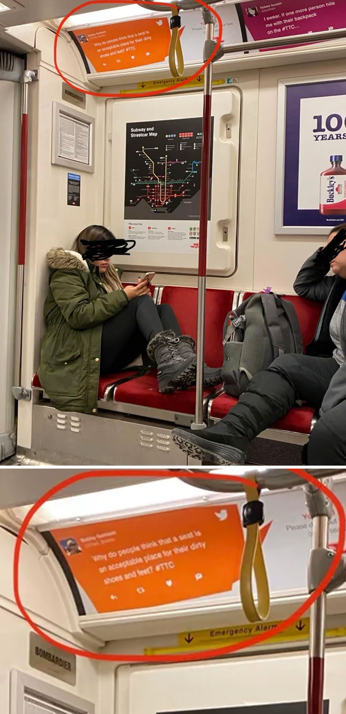 Person Puts Wet Boots On Subway Seat Right Under A Sign Telling Her Not To Do So