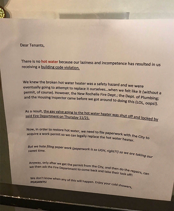Landlord ‘Apologizes’ About There Being No Hot Water, Tenant Mocks Them With An Honest Note