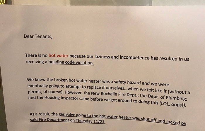 Landlord ‘Apologizes’ About There Being No Hot Water, Tenant Mocks Them With An Honest Note