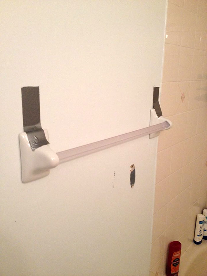 My Friends Asked Their Landlord To Fix The Towel Rack For The Past Two Weeks. This Is What He Came Up With