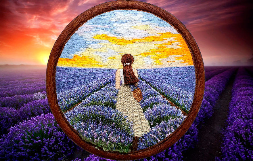 Embroidery Hoop Art. Lavender Fields. 3D Embroidery.