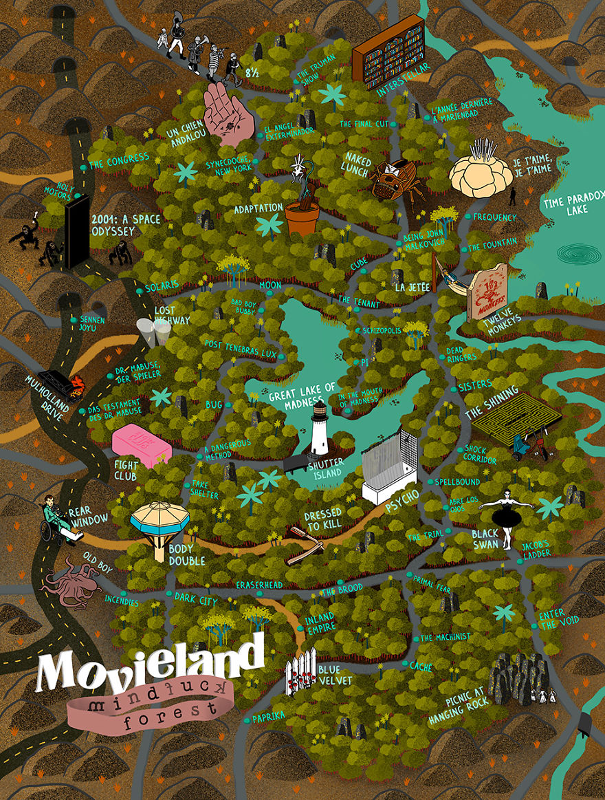 2 Years After Creating The Map Of Movieland With More Than 1,800 Movies, I Teamed Up With An Artist To Create Illustrated Maps For Movie Buffs