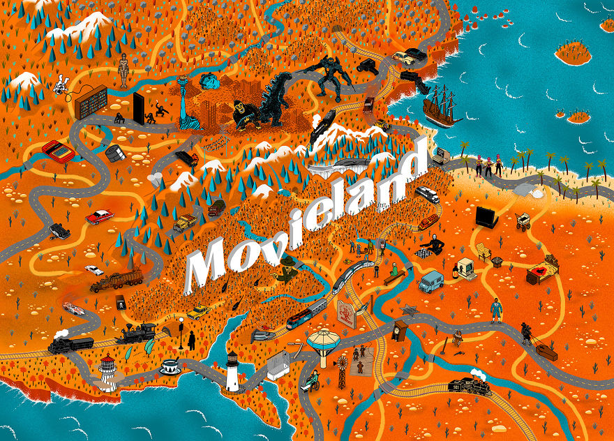 2 Years After Creating The Map Of Movieland With More Than 1,800 Movies, I Teamed Up With An Artist To Create Illustrated Maps For Movie Buffs