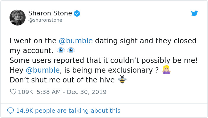 Sharon Stone Got Banned From Bumble After Being Reported By People Who Didn’t Realize It Was Actually Her