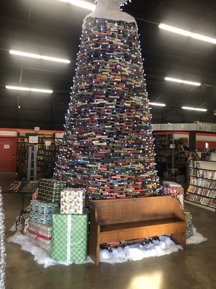 Christmas Tree Made Of Books At The Library