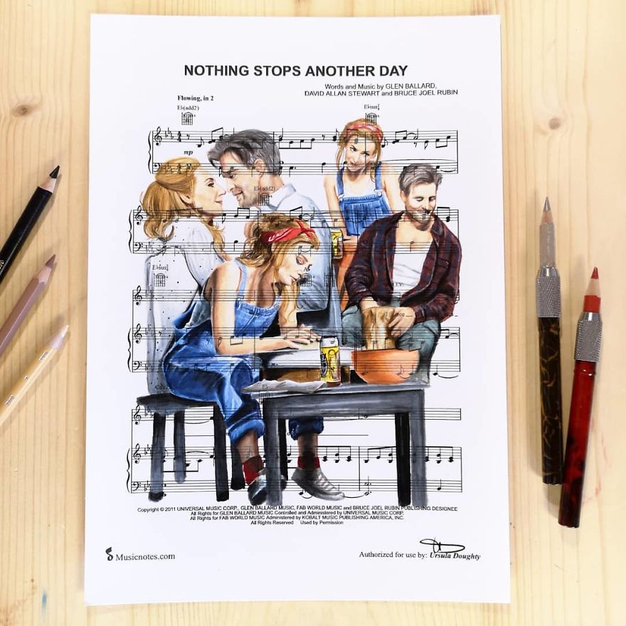 Artist Draws Disney Characters And Popular Singers On Sheet Music By Her Songs (New Pics)