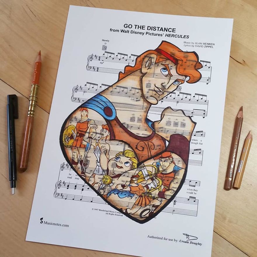 Artist Draws Disney Characters And Popular Singers On Sheet Music By Her Songs (New Pics)