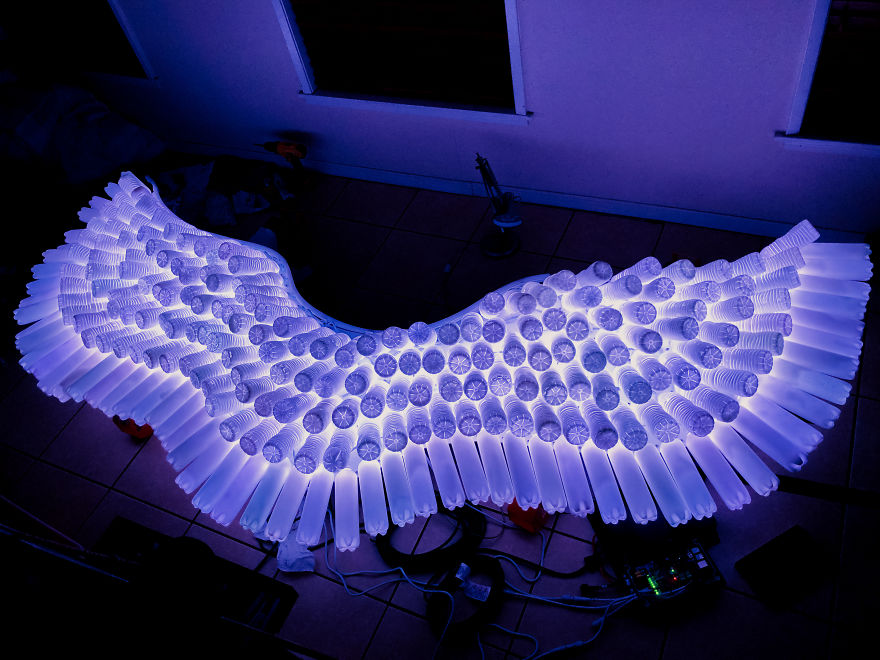 My Family And I Created A Led Angel Wing Light Sculpture Using 300 Recycled Water Bottles