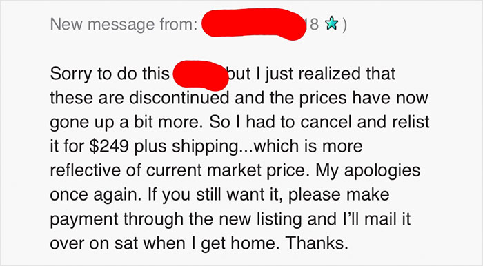 Greedy eBay Seller Cancels Order At The Last Minute And Relists It With A Higher Price, But The Buyer Doesn't Let It Slide